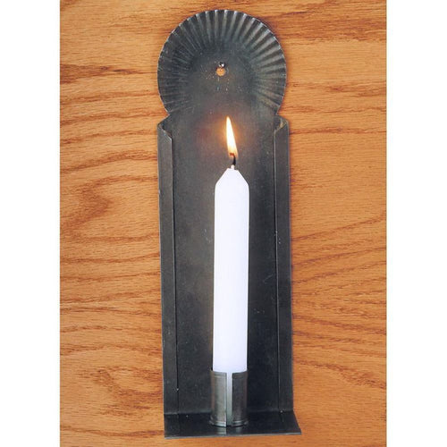 Handcrafted tin wall sconce candle holder with crimped halo, designed for hanging or shelf display to add warm light, featured in Lamps & Lighting and USA Made collections.