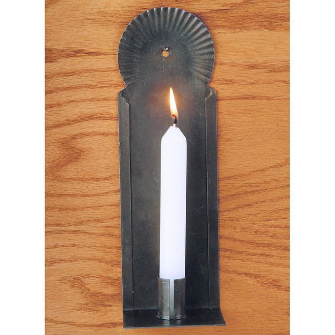 Handcrafted tin wall sconce candle holder with crimped halo, designed for hanging or shelf display to add warm light, featured in Lamps & Lighting and USA Made collections.