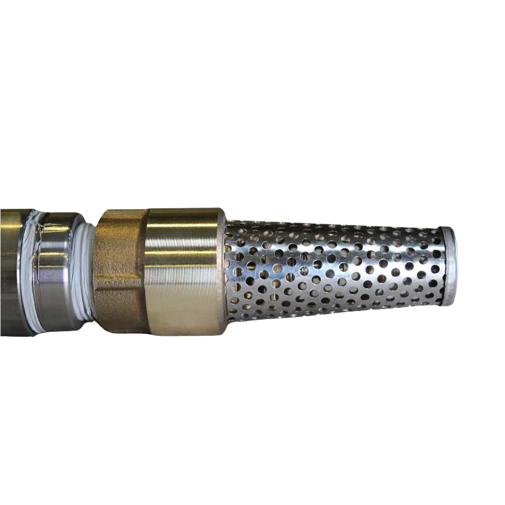Close-up of a handcrafted deep well lift pump cylinder with perforated metal intake screen and brass fittings, made in USA, featured in Water Pumps and Pump Parts collections.