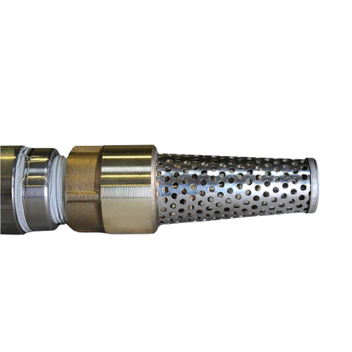 Close-up of a handcrafted deep well lift pump cylinder with perforated metal intake screen and brass fittings, made in USA, featured in Water Pumps and Pump Parts collections.
