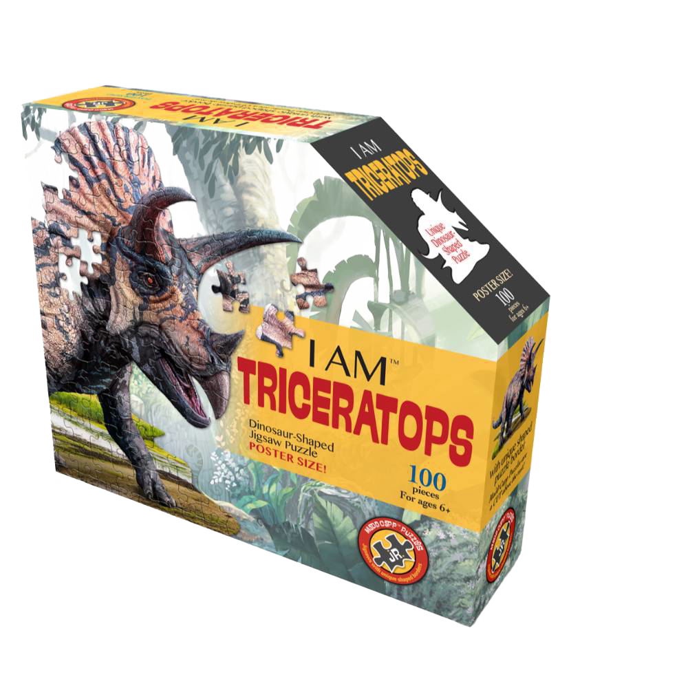 Dinosaur-shaped jigsaw puzzle featuring a Triceratops design with 100 large pieces, sized for children’s hands, promoting learning and play in Toys, Books & Games and Puzzles collections.