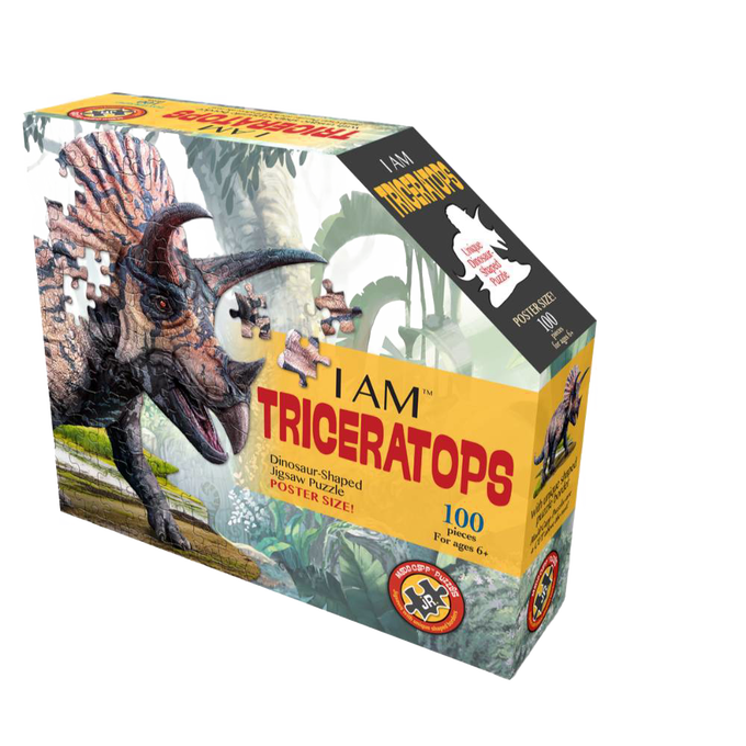 Dinosaur-shaped jigsaw puzzle featuring a Triceratops design with 100 large pieces, sized for children’s hands, promoting learning and play in Toys, Books & Games and Puzzles collections.