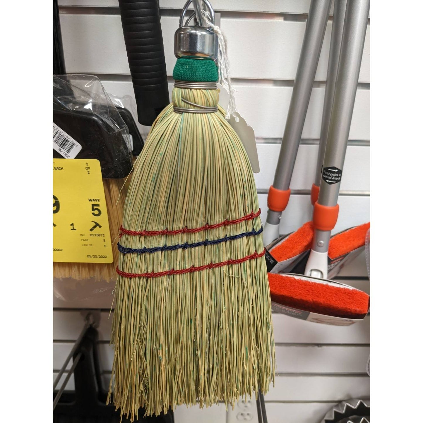 Handcrafted corn whisk broom made from tightly bound natural corn straw with colorful stitched bands, handcrafted in the USA, featured in Household Cleaning and Amish Made collections.