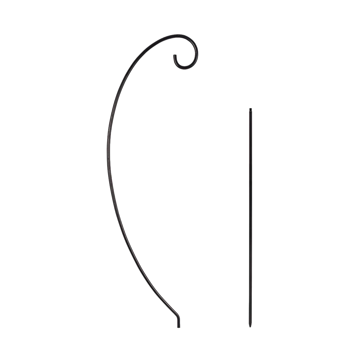 Pair of black metal holders with curved decorative tops, designed for hanging lanterns outdoors, featuring a two-piece construction for easy assembly and compact storage, ideal for camping and emergency supplies.