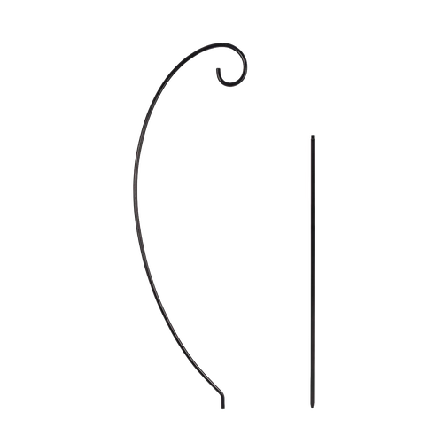 Pair of black metal holders with curved decorative tops, designed for hanging lanterns outdoors, featuring a two-piece construction for easy assembly and compact storage, ideal for camping and emergency supplies.