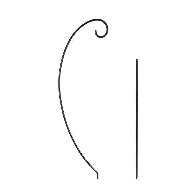 Pair of black metal holders with curved decorative tops, designed for hanging lanterns outdoors, featuring a two-piece construction for easy assembly and compact storage, ideal for camping and emergency supplies.