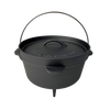 Black nitrided cast iron camp Dutch oven with a smooth finish and sturdy handle, featuring less sticking for outdoor cooking, ideal for Farm, Garden & Tool, Kitchen & Food, Camping, and Cast Iron collections.