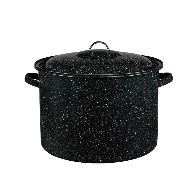 Large black speckled enamelware stockpot with lid and side handles, durable and ideal for cooking soups and stews, featured in Kitchen & Food, Cookware, and Best Sellers collections.