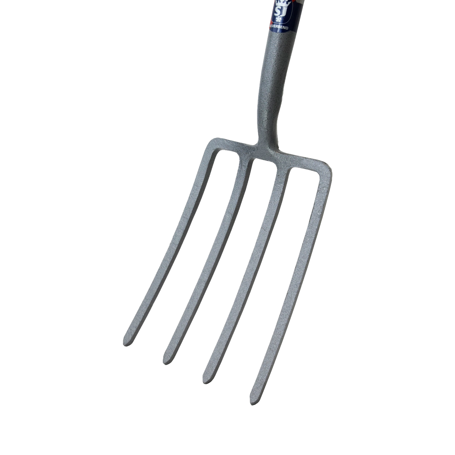 Close-up of a forged carbon steel digging fork with four sturdy tines and an ergonomic handle, ideal for farm, garden, and cultivating tasks in lawncare and best sellers collections.