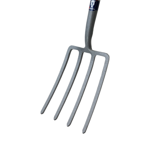 Close-up of a forged carbon steel digging fork with four sturdy tines and an ergonomic handle, ideal for farm, garden, and cultivating tasks in lawncare and best sellers collections.