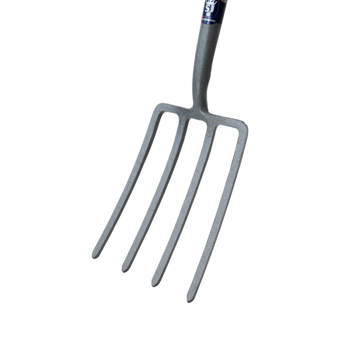 Close-up of a forged carbon steel digging fork with four sturdy tines and an ergonomic handle, ideal for farm, garden, and cultivating tasks in lawncare and best sellers collections.