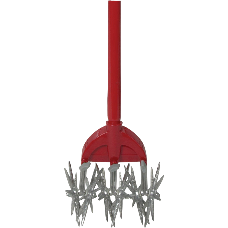 Garden tool with rust-proof serrated steel tines and a red comfort-grip handle, designed for easy soil loosening and weed removal, featured in Farm, Garden & Tool and Best Sellers collections.