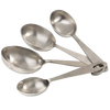 Set of four stainless steel measuring scoops with engraved capacity markings, including 1/2 cup to 1/8 cup sizes, designed for Kitchen & Food, Baking Supplies, and Measuring collections.