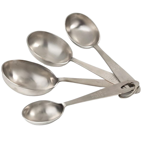 Set of four stainless steel measuring scoops with engraved capacity markings, including 1/2 cup to 1/8 cup sizes, designed for Kitchen & Food, Baking Supplies, and Measuring collections.