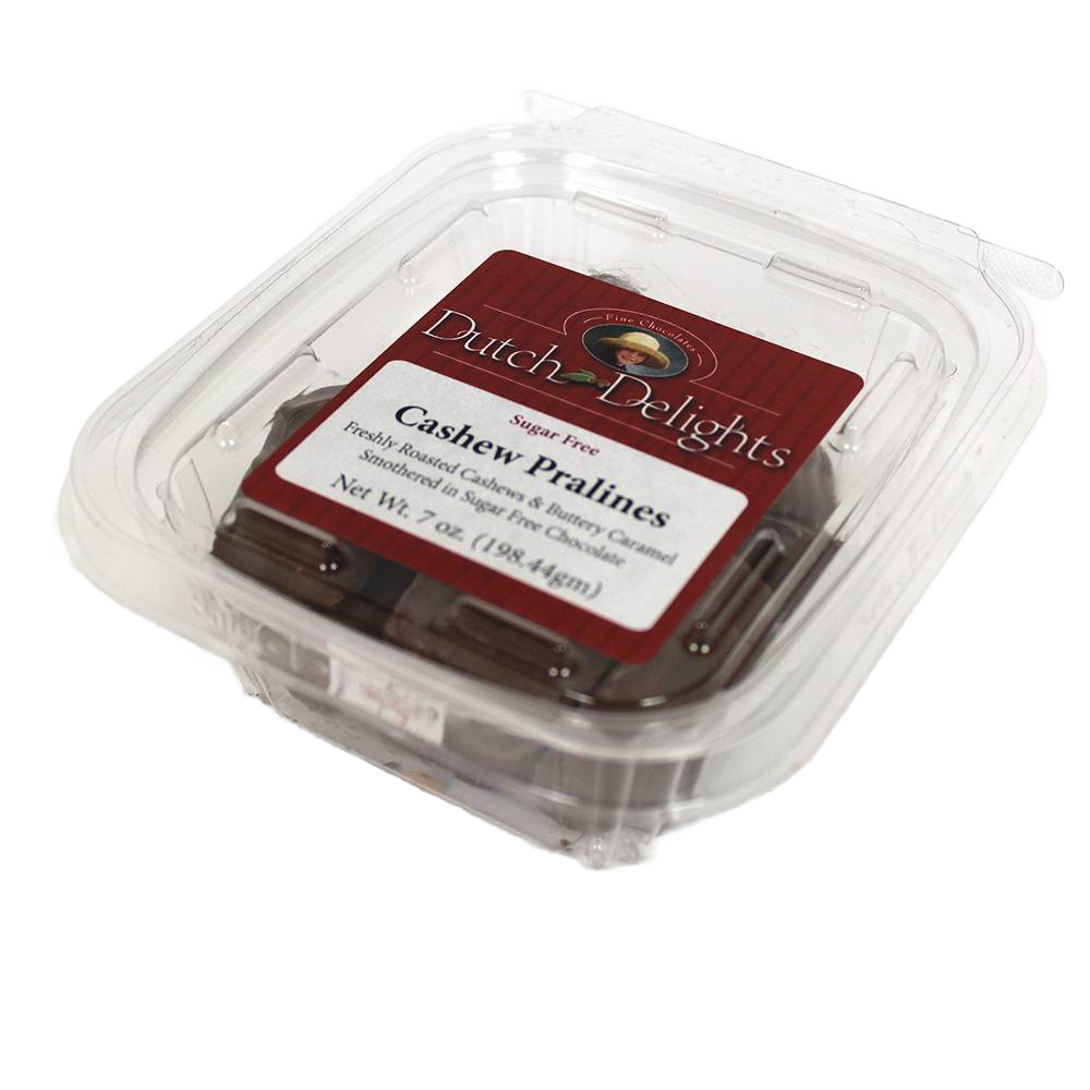 Clear plastic clamshell container of sugar-free chocolate cashew pralines, handcrafted in the USA, featured in Kitchen & Food, Snacks and Sweets, Candy, and Best Sellers collections.