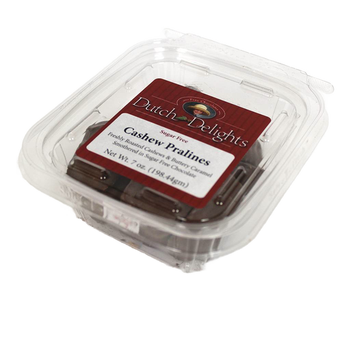 Clear plastic clamshell container of sugar-free chocolate cashew pralines, handcrafted in the USA, featured in Kitchen & Food, Snacks and Sweets, Candy, and Best Sellers collections.