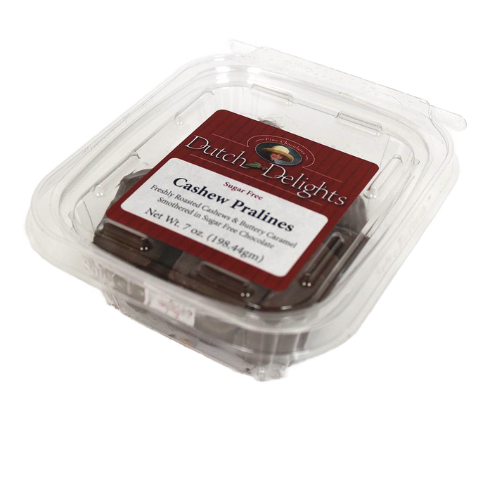 Clear plastic clamshell container of sugar-free chocolate cashew pralines, handcrafted in the USA, featured in Kitchen & Food, Snacks and Sweets, Candy, and Best Sellers collections.
