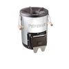 Compact stainless steel outdoor stove with cast iron cooking surface, wooden side handles, and front access door, ideal for Farm, Garden & Tool, Camping, Best Sellers, and Promo Eligible collections.