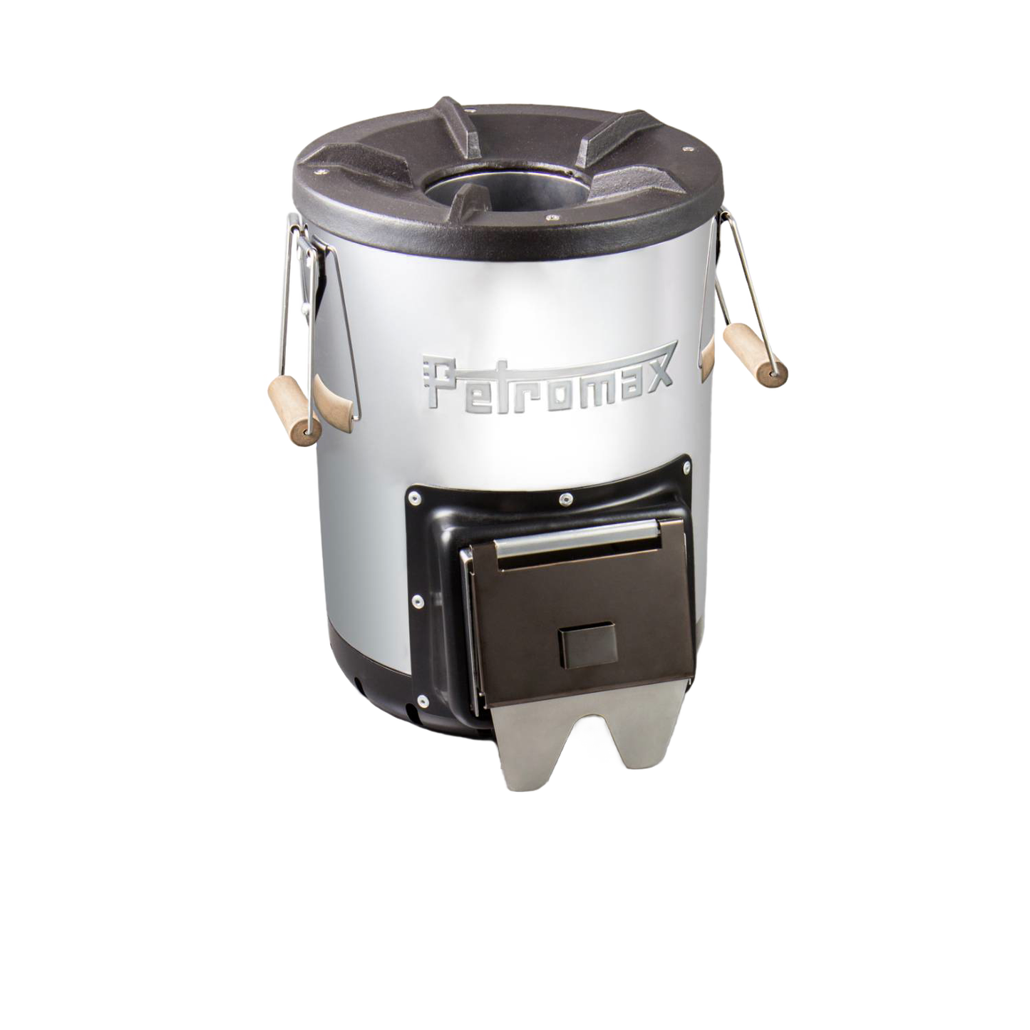 Compact stainless steel outdoor stove with cast iron cooking surface, wooden side handles, and front access door, ideal for Farm, Garden & Tool, Camping, Best Sellers, and Promo Eligible collections.