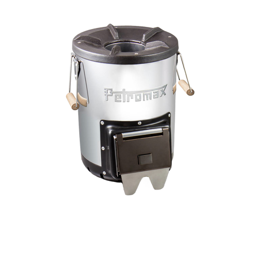 Compact stainless steel outdoor stove with cast iron cooking surface, wooden side handles, and front access door, ideal for Farm, Garden & Tool, Camping, Best Sellers, and Promo Eligible collections.
