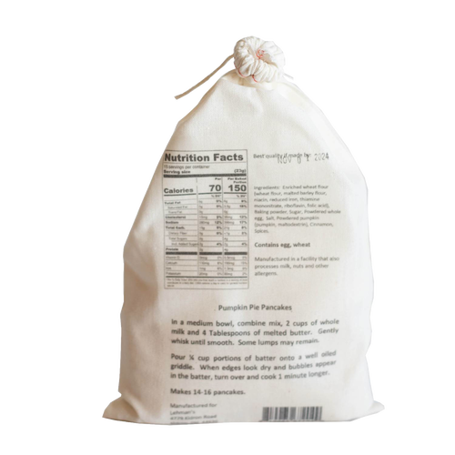 Natural-colored drawstring bag of Lehman's pancake mix with nutrition facts, ingredients including pumpkin and spices, and preparation instructions, ideal for Kitchen & Food, Pantry, Dry Goods and Mixes, Best Sellers, Promo Eligible collections.