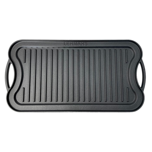 Handcrafted nitrided cast iron griddle with ribbed cooking surface and dual handles, designed for durable outdoor and campfire cooking in Farm, Garden & Tool, Kitchen & Food, and Camping collections.