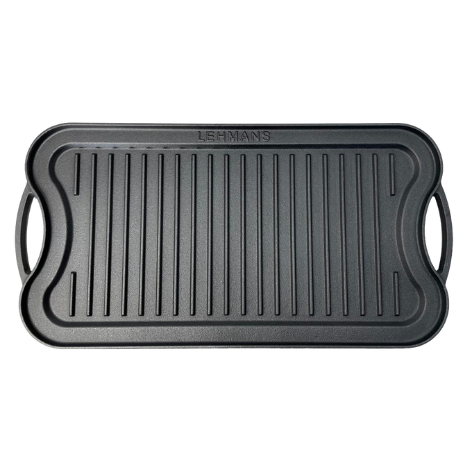 Handcrafted nitrided cast iron griddle with ribbed cooking surface and dual handles, designed for durable outdoor and campfire cooking in Farm, Garden & Tool, Kitchen & Food, and Camping collections.