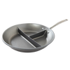 Metal sauté pan with two dividers forming three sections, designed for cooking multiple foods at once, made in USA, featured in Kitchen & Food and Cookware collections.