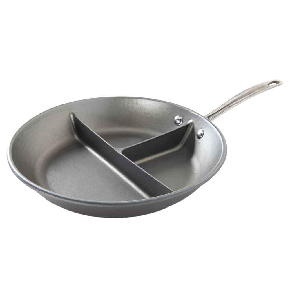 Metal sauté pan with two dividers forming three sections, designed for cooking multiple foods at once, made in USA, featured in Kitchen & Food and Cookware collections.