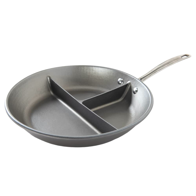 Metal sauté pan with two dividers forming three sections, designed for cooking multiple foods at once, made in USA, featured in Kitchen & Food and Cookware collections.