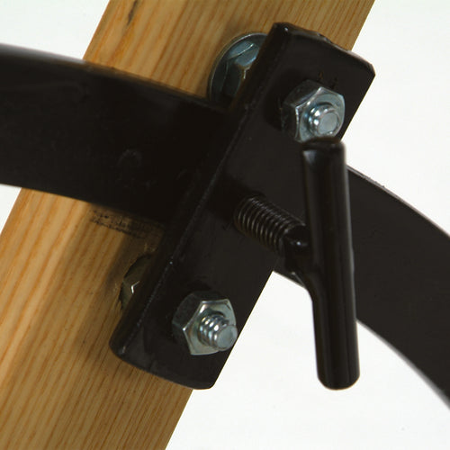 Close-up of a solid steel adjustment mechanism with large screws and handle on a handcrafted Amish-made cultivator tool, part of Farm, Garden & Tool and Amish Made collections.