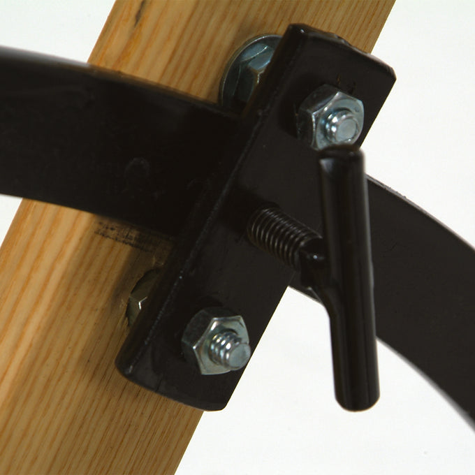 Close-up of a solid steel adjustment mechanism with large screws and handle on a handcrafted Amish-made cultivator tool, part of Farm, Garden & Tool and Amish Made collections.