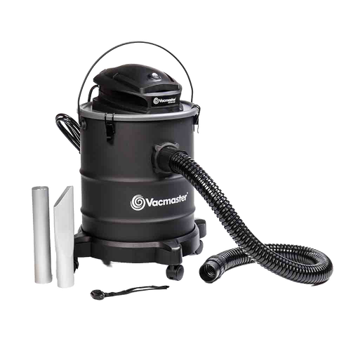 Portable electric ash vacuum with flexible hose, aluminum extension tubes, and wheeled base, ideal for hearth accessories and stove cleaning in home and hearth collections.