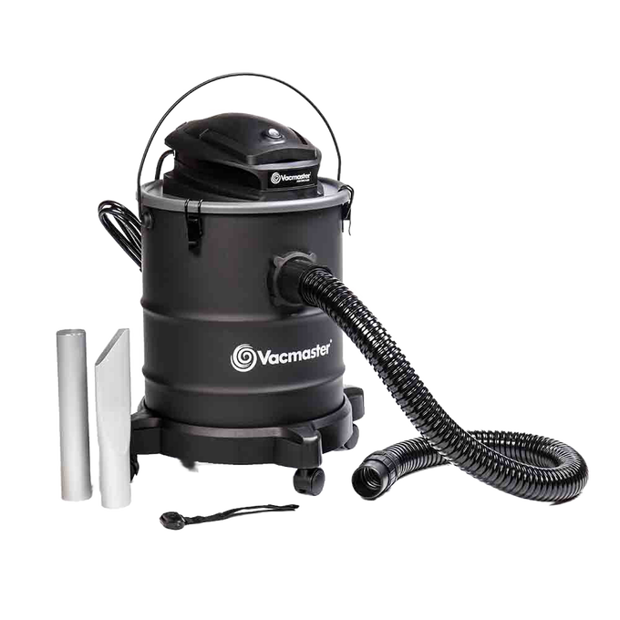 Portable electric ash vacuum with flexible hose, aluminum extension tubes, and wheeled base, ideal for hearth accessories and stove cleaning in home and hearth collections.