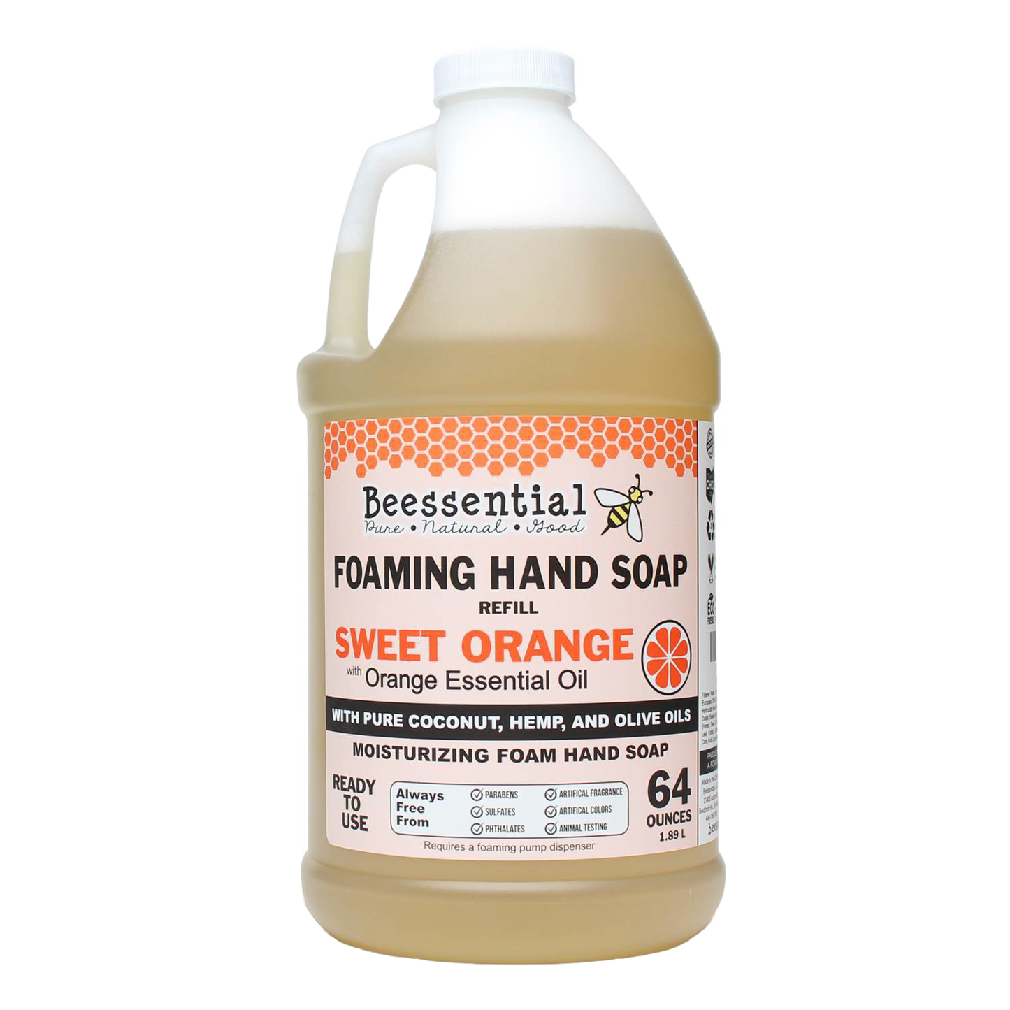 Large 64-ounce container of handcrafted foaming hand soap refill scented with sweet orange essential oil, made with pure coconut, hemp, and olive oils, featured in Health & Wellness, Grooming and Personal Hygiene, Soaps and Soapmaking, Soaps, USA Made, Best Sellers, and Promo Eligible collections.