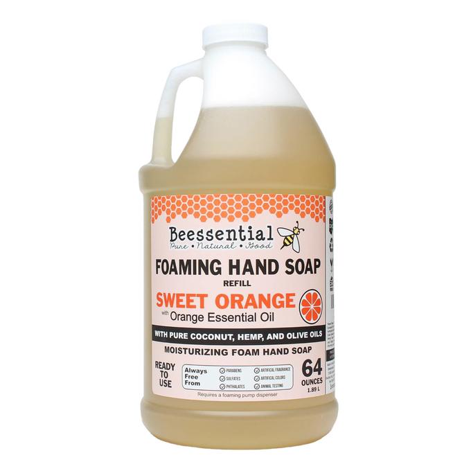 Large 64-ounce container of handcrafted foaming hand soap refill scented with sweet orange essential oil, made with pure coconut, hemp, and olive oils, featured in Health & Wellness, Grooming and Personal Hygiene, Soaps and Soapmaking, Soaps, USA Made, Best Sellers, and Promo Eligible collections.