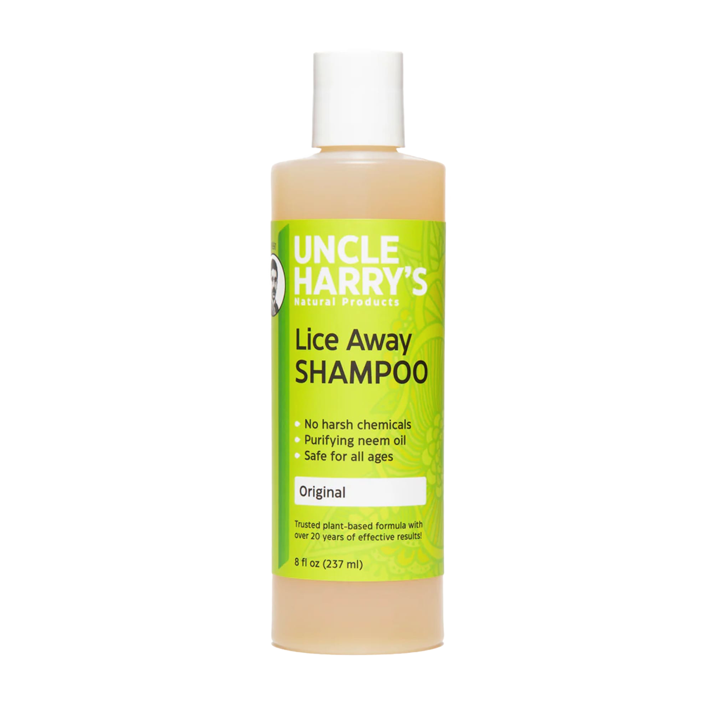 8-ounce bottle of plant-based lice treatment shampoo featuring purifying neem oil, free of harsh chemicals and safe for all ages, ideal for Health & Wellness and Grooming and Personal Hygiene collections.