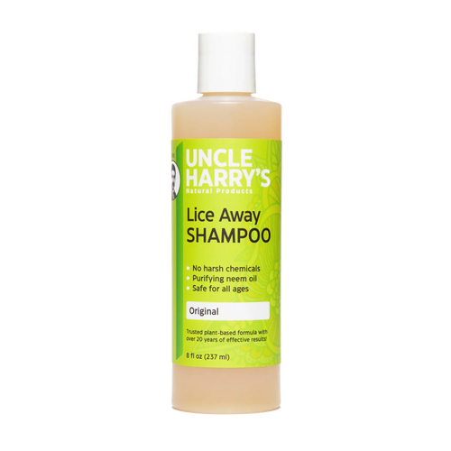 8-ounce bottle of plant-based lice treatment shampoo featuring purifying neem oil, free of harsh chemicals and safe for all ages, ideal for Health & Wellness and Grooming and Personal Hygiene collections.