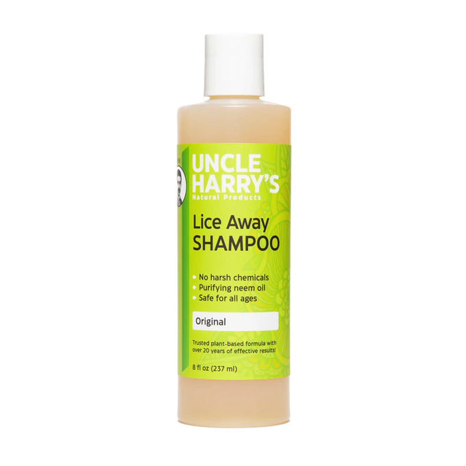 8-ounce bottle of plant-based lice treatment shampoo featuring purifying neem oil, free of harsh chemicals and safe for all ages, ideal for Health & Wellness and Grooming and Personal Hygiene collections.