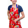 Handcrafted retro-style vinyl apron with adjustable blue straps and large pockets, featuring vibrant fruit prints, ideal for Kitchen & Food, Kitchen Accessories, and USA Made collections.