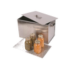 Handcrafted stainless steel stovetop water bath canner with lid and perforated rack, holding four glass jars of preserved vegetables, featured in Farm, Garden & Tool and Food Preservation collections.