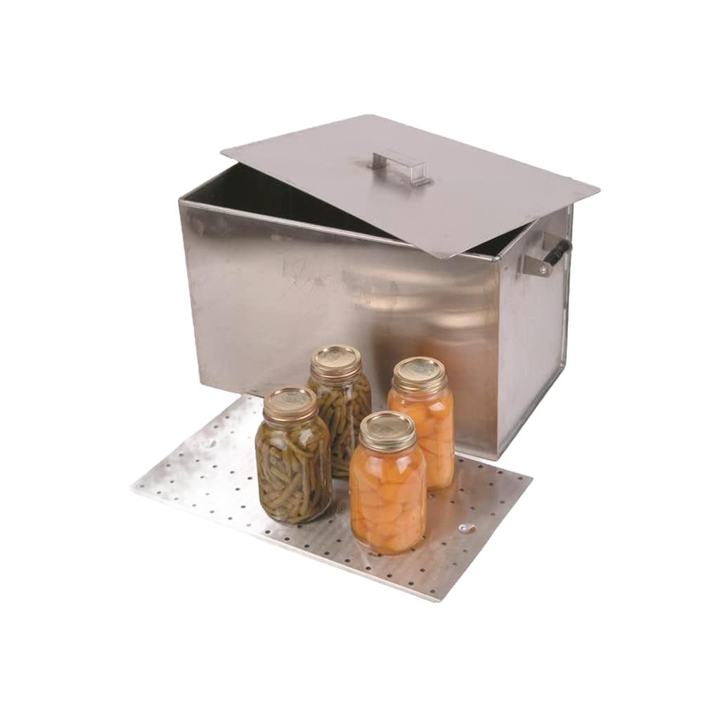 Handcrafted stainless steel stovetop water bath canner with lid and perforated rack, holding four glass jars of preserved vegetables, featured in Farm, Garden & Tool and Food Preservation collections.