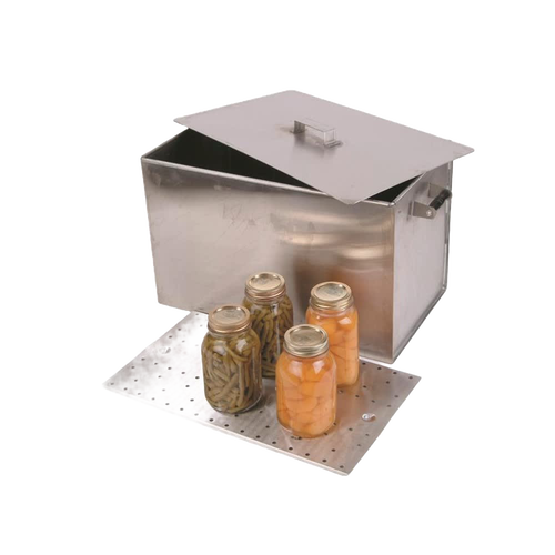 Handcrafted stainless steel stovetop water bath canner with lid and perforated rack, holding four glass jars of preserved vegetables, featured in Farm, Garden & Tool and Food Preservation collections.
