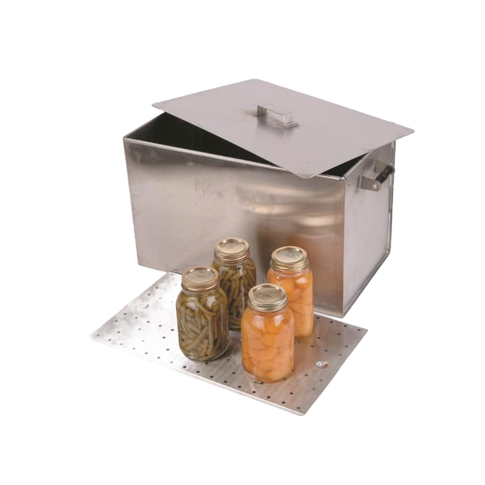 Handcrafted stainless steel stovetop water bath canner with lid and perforated rack, holding four glass jars of preserved vegetables, featured in Farm, Garden & Tool and Food Preservation collections.