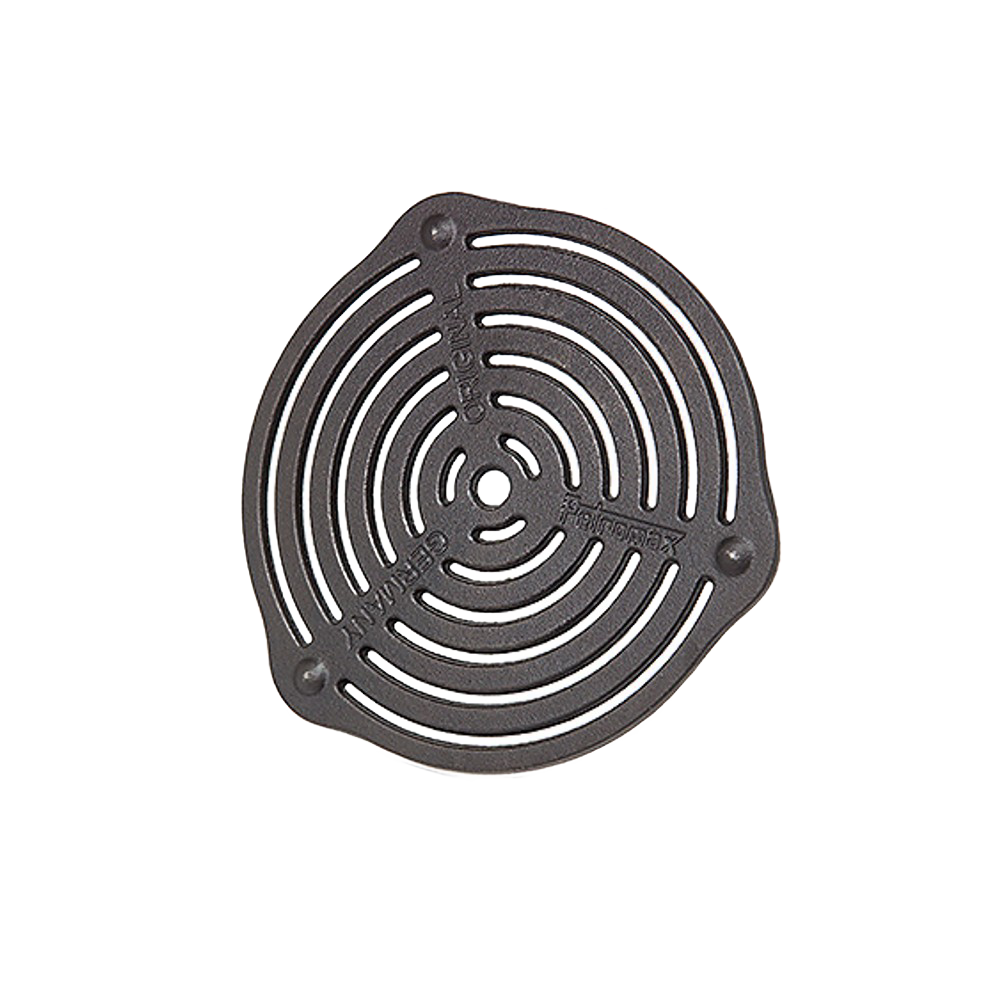 Round cast iron trivet with concentric slotted design and three raised feet for stable heat distribution, suitable for farm, garden, camping, kitchen, cookware, and cast iron collections.