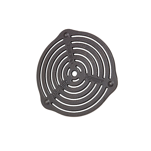 Round cast iron trivet with concentric slotted design and three raised feet for stable heat distribution, suitable for farm, garden, camping, kitchen, cookware, and cast iron collections.