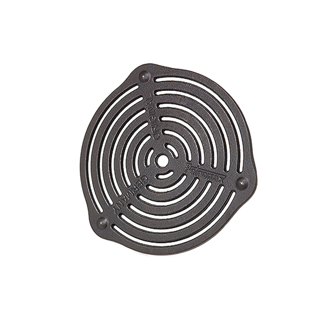 Round cast iron trivet with concentric slotted design and three raised feet for stable heat distribution, suitable for farm, garden, camping, kitchen, cookware, and cast iron collections.