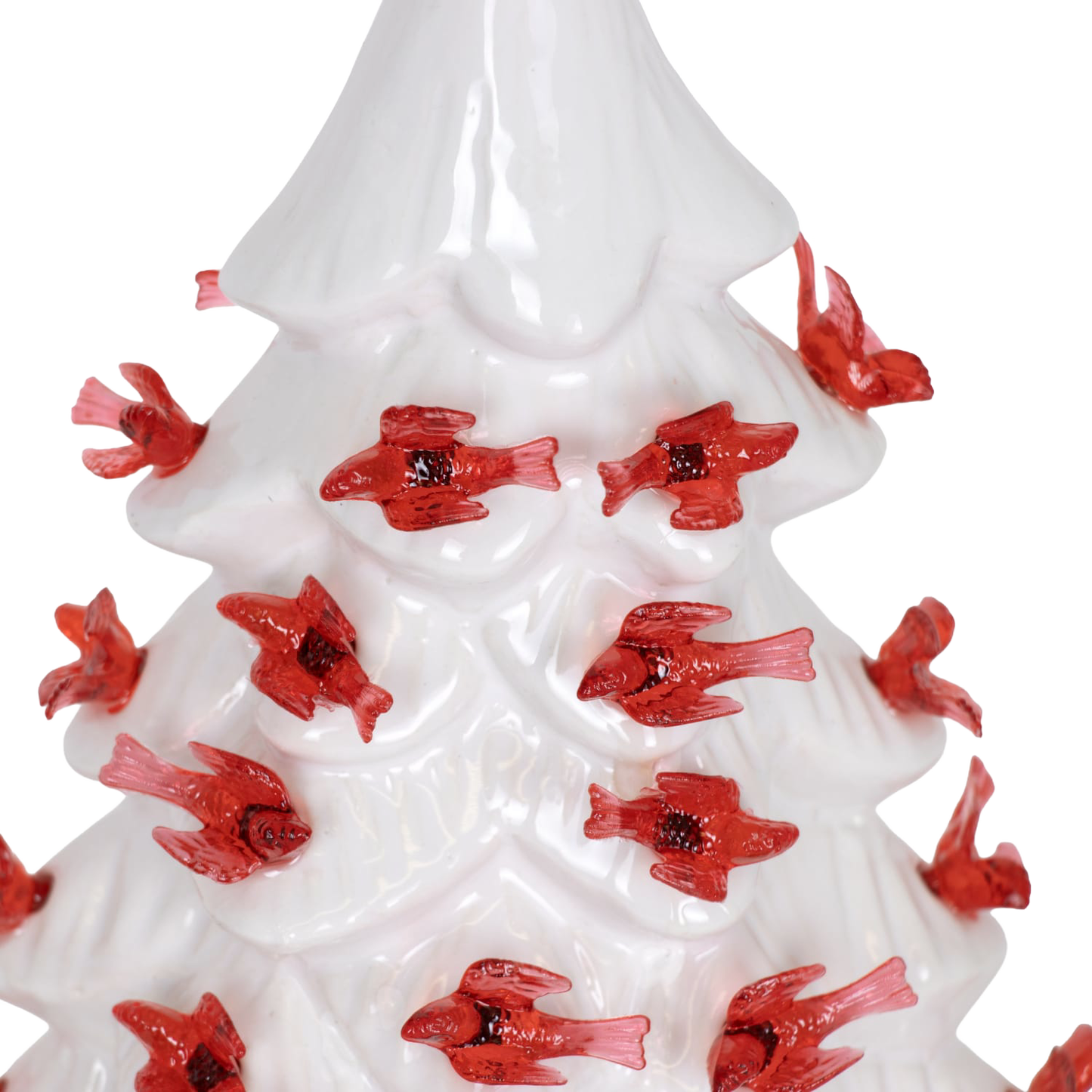 Unique handcrafted ceramic Christmas tree in white featuring vibrant red cardinal lights, perfect for adding festive warmth to Home & Decor, Holiday Decor, Best Sellers, and Promo Eligible collections.