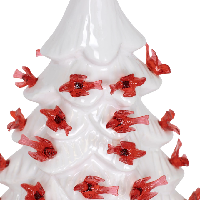 Unique handcrafted ceramic Christmas tree in white featuring vibrant red cardinal lights, perfect for adding festive warmth to Home & Decor, Holiday Decor, Best Sellers, and Promo Eligible collections.