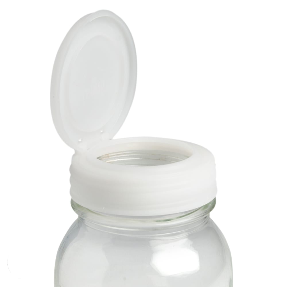 Handcrafted white flip top lid open on a clear regular mouth glass jar, made in USA, perfect for Home & Decor, Kitchen Gadgets, Household Helpers, and Storage and Serving collections.